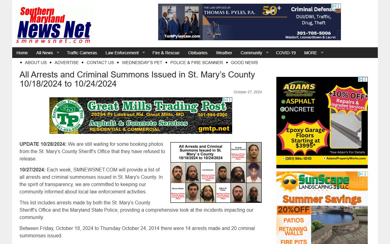 St. Mary's County seven-day arrest and criminal summons news report