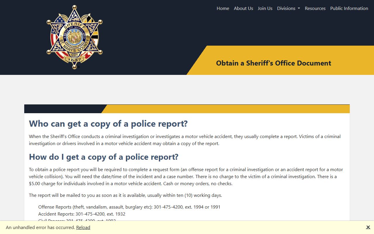 St. Mary's County Sheriff's Office warrant and police-record contact page